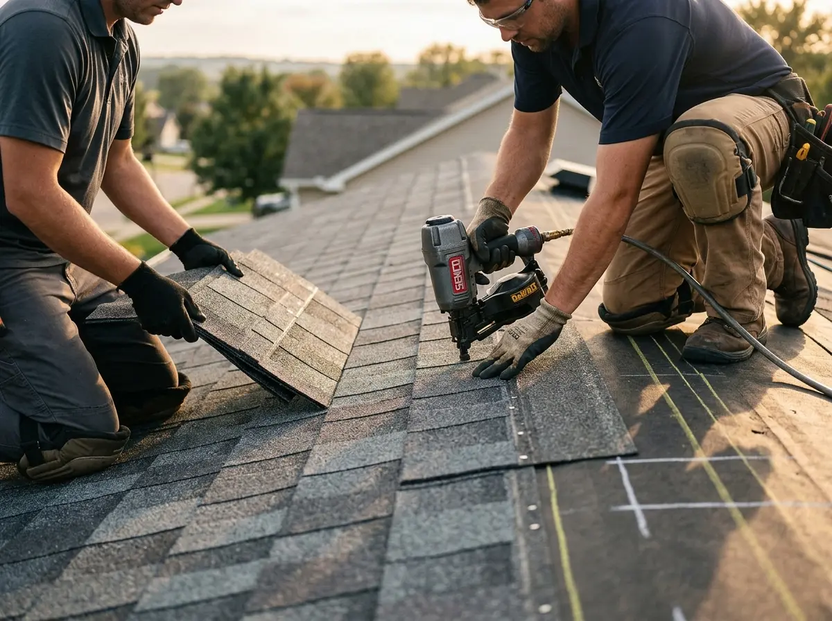 Professional roofer working on a residential roof in Bergenfield